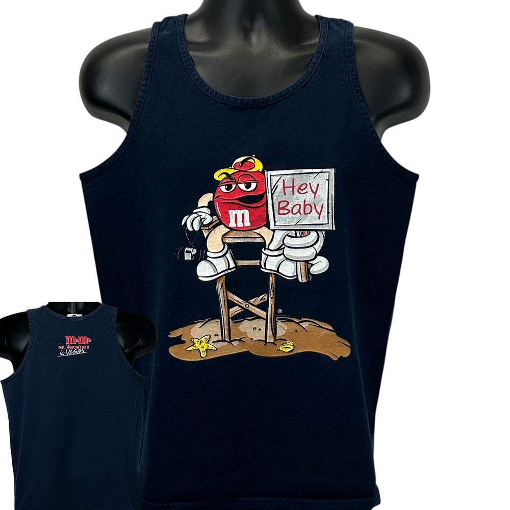 Vintage 90s M&Ms Vacation in Las Vegas Tank Top Blue MMs T Shirt Mens M Medium